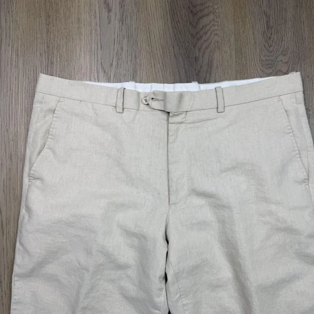 Brioni Dress Pants Mens 38 Beige Linen Flat Front Belted Straight Leg Italy